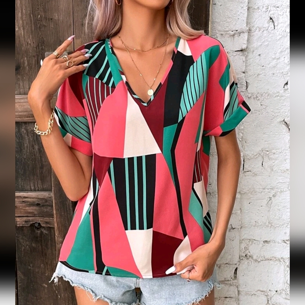 SHEIN Multicolor Geometric V-Neck Short Sleeve Blouse - Pink, Teal, Black, White